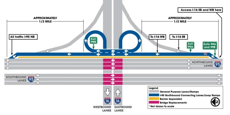 I-95/I-16 교차로 북쪽 구간 대규모 교통 변경… 5월 15일부터 신규 연결 차선 개방