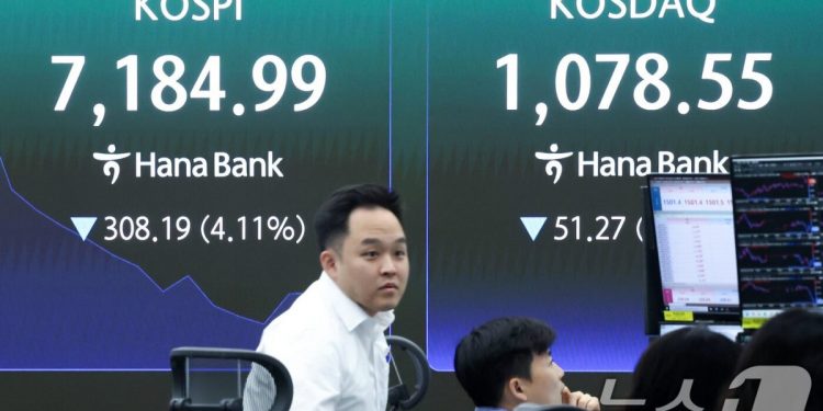 코스피, 이틀 연속 급락…장중 4%대 급락 7140선 터치